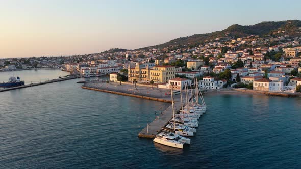Aerial View of Spetses Old Town and Marina or Seaport Greece  Drone Videography alt
