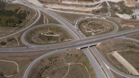 Highway Intersection Roundabout Trucks Passing Aerial View