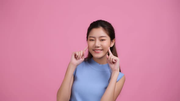 Woman smile and laugh joyfully on isolated white background. alt
