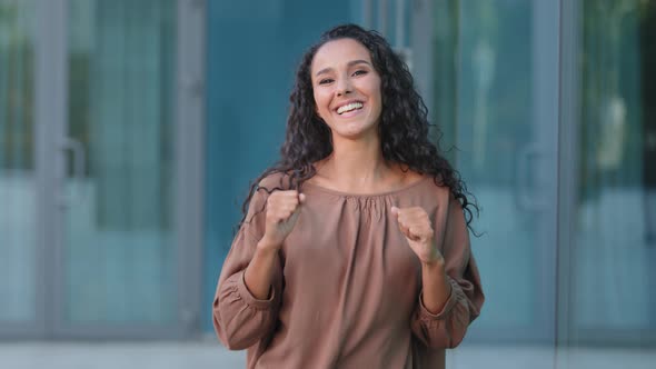 Slow Motion Happy Cheerful Female Winner Hispanic Exited Woman Girl Beautiful Lady Dancer Dancess alt