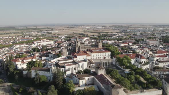 Evora historic center and surrounding landscape, Portugal. Aerial circling