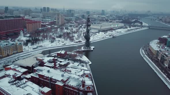 Aerial shot of Moscow sights, monument of russian tsar Peter the Great (Peter I) on Moscow River