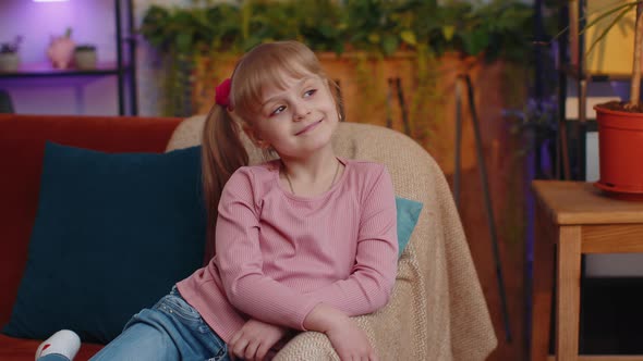 Candid Happy Little Teen Child Girl Smiling Friendly Glad Expression Dreaming Resting Satisfied alt