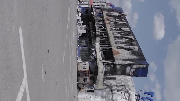 Vertical Video of Bucha Ukraine  a Destroyed Shopping Center During the War alt