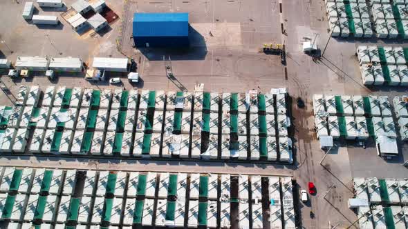 Aerial view of refugee camp in Athens Greece where refugees are living in shipping containers. alt