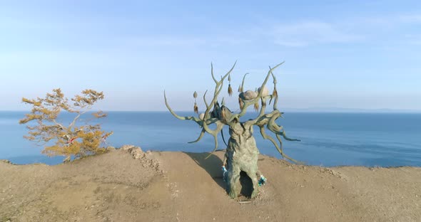 Drone Shot Flying Over landmark of Olkhon Island Baikal Keeper Tree  alt