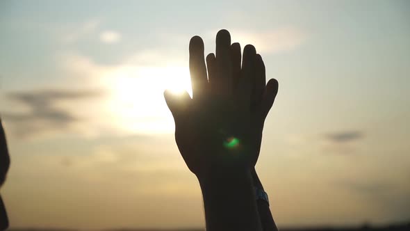 Silhouette of Male and Female Hands Holding Each Other at Sunset Background alt
