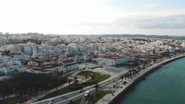 Lagos old town by the promenade and harbour - Aerial Panoramic shot alt