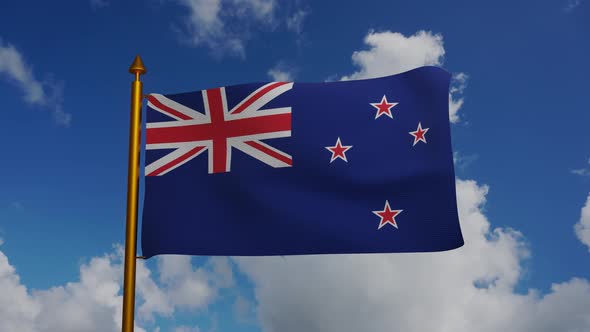National flag of New Zealand waving with flagpole and blue sky timelapse alt