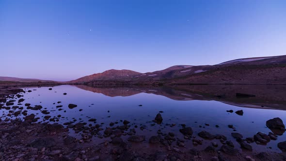 Sunset Time and Pink Blue Venus Belt in Landscape. Milky Way Move Over the Lake in Ardabil Iran Azer alt