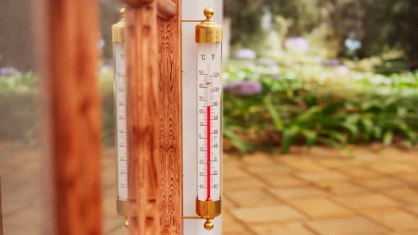 The outdoor thermometer at the garden attached to the wooden window. Warm-season alt
