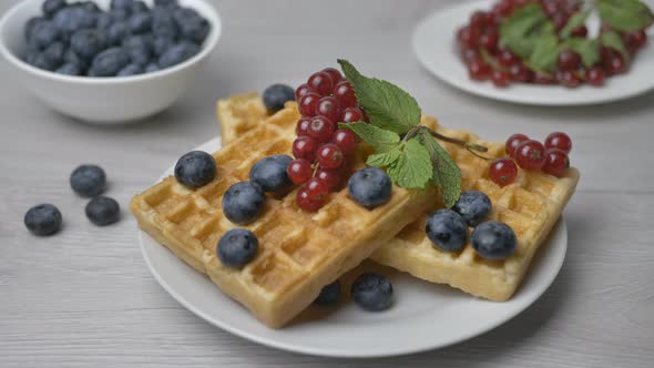The Chef Puts a Mint Leaf on a Plate of Maple Syruppoured Waffles Garnished with Berries alt