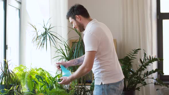 Man Spraying and Cleaning Houseplants at Home alt