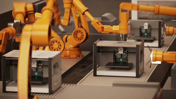 The futuristic robotic arms working on the assembly of the 3d printers. alt