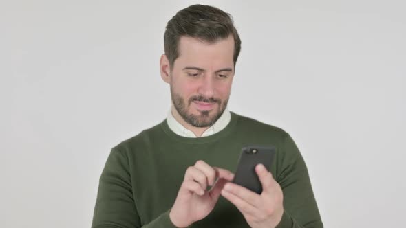 Portrait of Man Using Smartphone White Screen alt