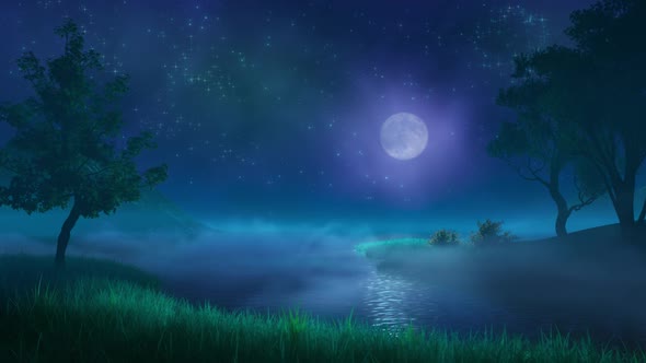 Foggy River at Night Full Moon