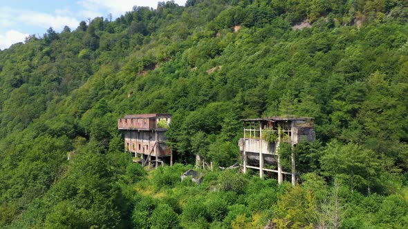 Ruined Lost Overgrown Mining Ghost Town Akarmara Consequences of War in Abkhazia Aerial View From
