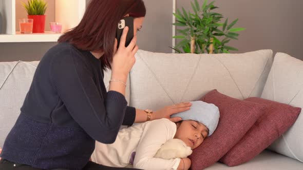 Inpatient sick girl, mother phone call. alt