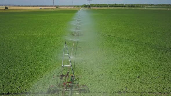 Flight Over Irrigation System on Field at Sunny Summer Day, Aerial Shot