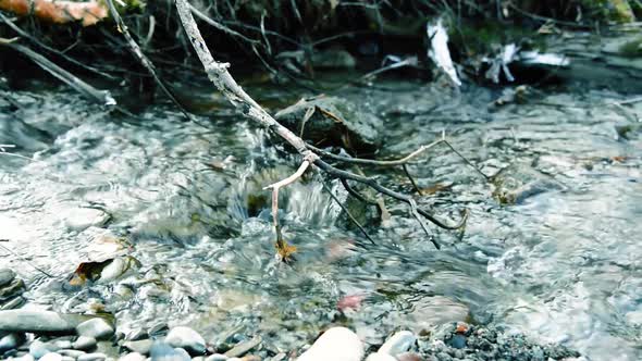 Dolly Slider Shot of the Splashing Water in a Mountain River Near Forest. Wet Rocks and Sun Rays alt