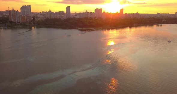 Aerial Drone View of Sunset Over Dnipro River