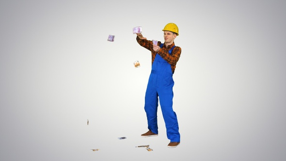 Comic builder in a hard hat throwing euro money in the alt
