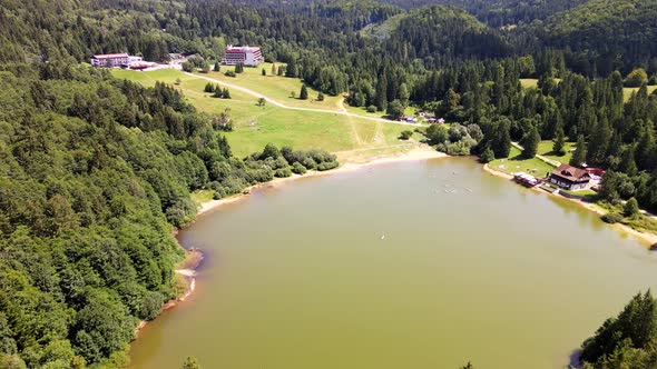Aerial view of the Krpacovo reservoir in the village of Dolna Lehota in Slovakia alt