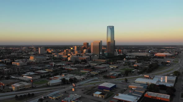 Oklahoma City Downtown Aerial with Drone at Sunset in 4K alt