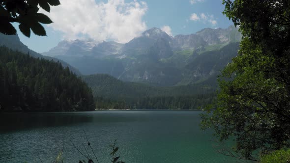 Range of Alps behind Lago di Tovel lake in northern Italy alt