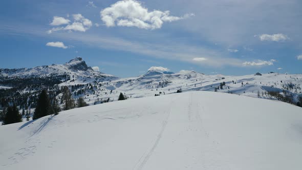 Aerial, Winter Landscape In Dolomites Mountains On A Sunny Day In Italy