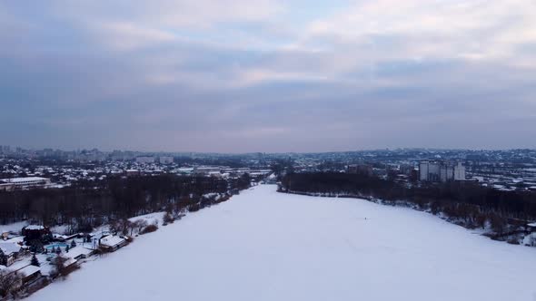 Aerial Kharkiv city from Lopan river with epic sky