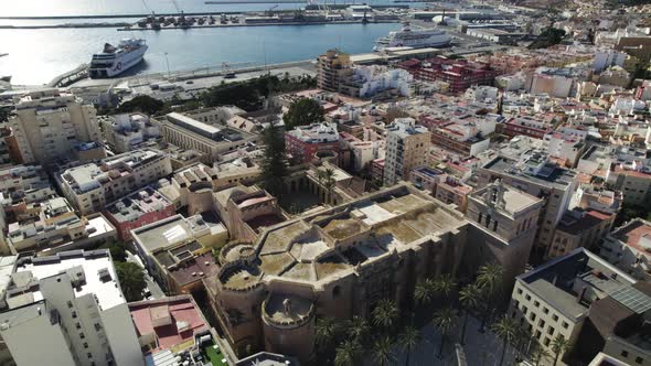 Topdown view of Cathedral of the Incarnation of Almería revealing Waterfront Downtown, Spain alt
