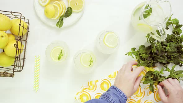 Step by step. Garnishing traditional fresh lemonade with lemon slices and mint alt
