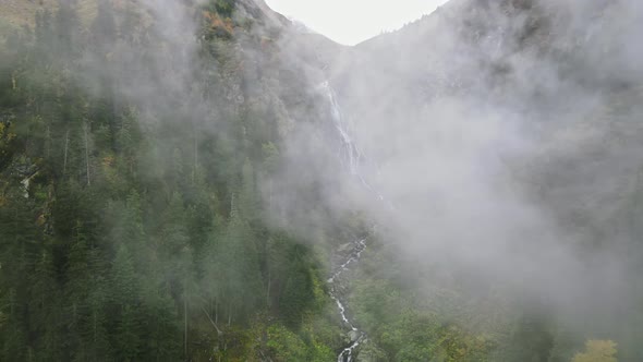 Aerial drone view of nature in Romania. Balea waterfall located in Carpathian mountains alt