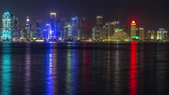 Doha Skyscrapers in Downtown Skyline Night Timelapse Qatar Middle East alt