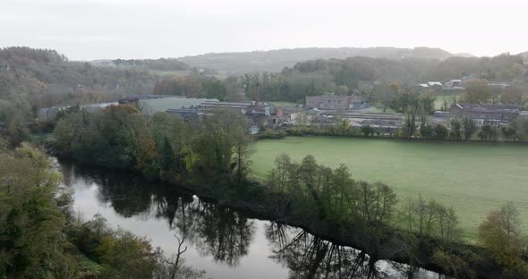 Old Industrial Site By River Wye Valley, Lydbrook, Gloucestershire UK Aerial View Dull Autumn Day