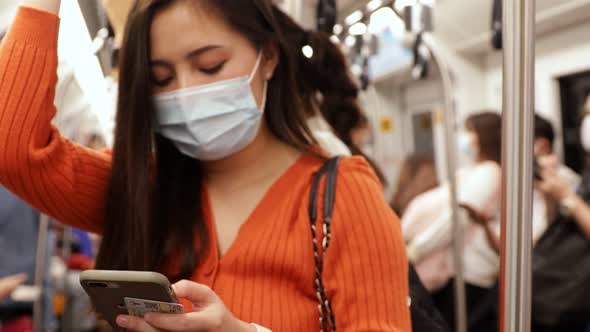 Young asian woman cover mouth , wear medical face mask to protect viruses alt