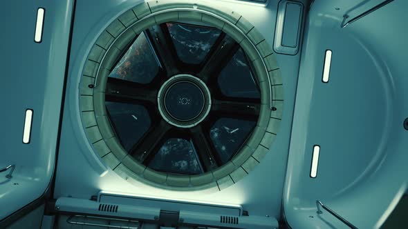 A View of the Earth Through the Big Quadrangle Porthole of a Space Station