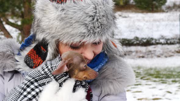 Woman Hug Dog Outside, Winter