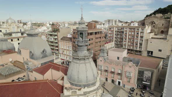 Aerial circle view of city center of Cartegena. Contrast of modern and ancient style. Spain. Dayligh