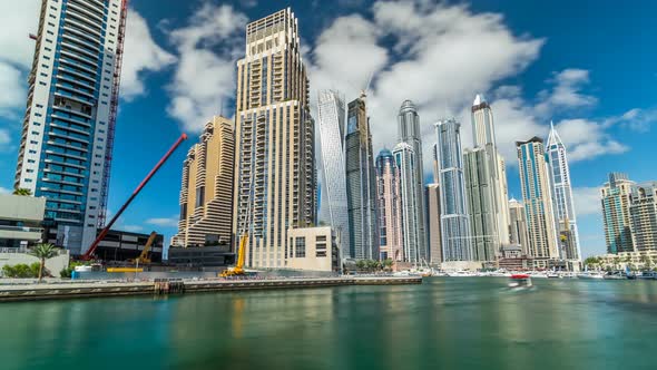 View of Dubai Marina Towers and Canal in Dubai Timelapse Hyperlapse alt