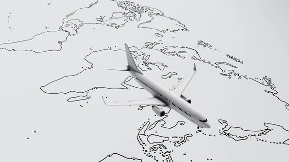 Seamless looping plane flies above white paper map of the world travel background