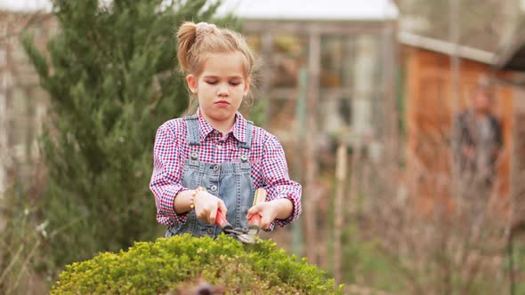 a Funny Little Girl Cuts Bushes in the Garden with Large Pruner alt