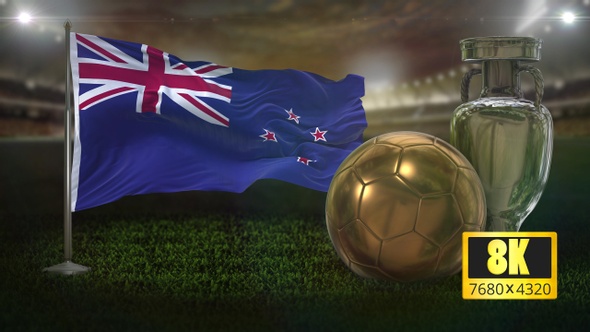 8K New Zealand Flag with Football And Cup Background Loop alt