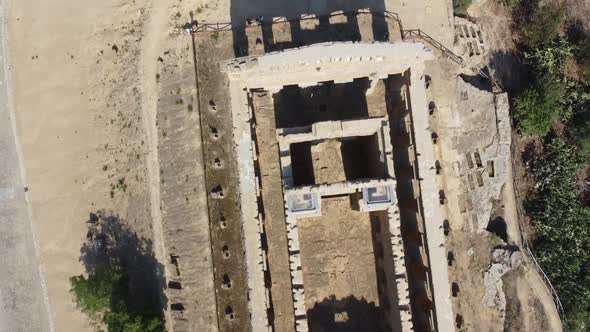 Aerial top down shot of historic greek temple ruin architecture in Agrigento during summer alt