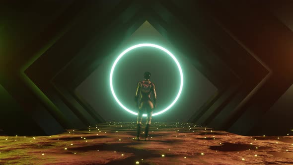 Woman standing in front of a big portal to another dimension