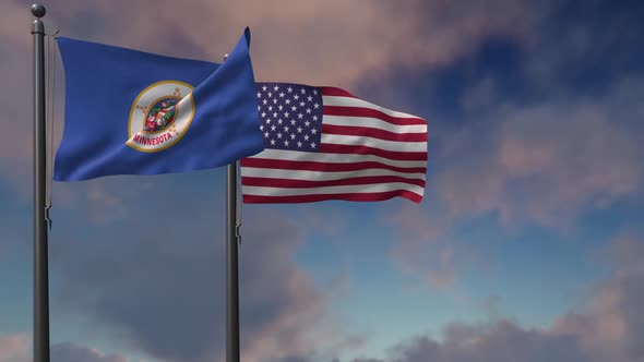 Minnesota State Flag Waving Along With The National Flag Of The USA-2K alt