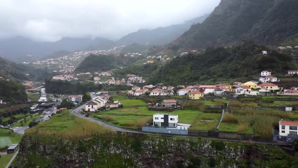 Aerial  Footage of Drone Flight Over Village in Madeira Portugal