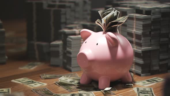 Cute pink piggy bank stuffed with dollars and surrounded by piles of money. 4KHD alt
