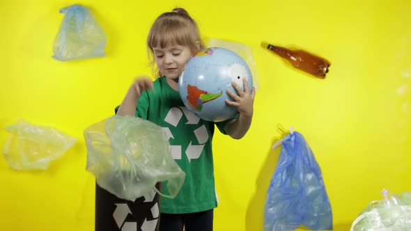 Girl Activist Makes Earth Globe Free From Plastic Package. Reduce Trash Pollution. Save Ecology alt